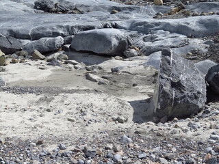 the rocky hiking trail of the Athabasca Glacier, Columbia Icefield, Icefields Parkway, Rocky Mountains, Alberta, Canada, June