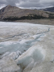 the view down from the Athabasca Glacier, Columbia Icefield, Icefields Parkway, Rocky Mountains, Alberta, Canada, June
