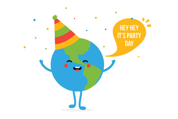 World Party Day vector card, illustration with cartoon style planet Earth character in party hat with colorful confetti.
