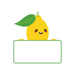 Cute cartoon style yellow lemon character smiling and holding in hands blank, empty card for quote or information.
