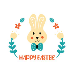 Happy Easter cute cartoon style vector greeting card, illustration with bunny and floral decoration.
