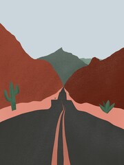 Road between the hills in desert. cactus next to the road. digital illustration of US road in desert.