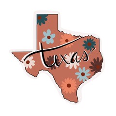 Boho floral map of Texas, USA. Texas sticker in brown color. Different types of flowers. Caligraphy text on beige background.