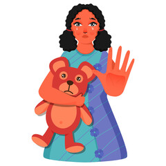Sadness Young Girl Holding Teddy Bear With Stop Gesture On White Background.