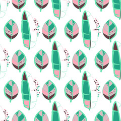 Creative seamless pattern with abstract tropical leaves. Hippie style. Colorful spring or summer background. Trendy botanical swimwear design. Fashion print for textile.