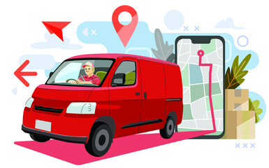 van truck delivering packages using map or gps