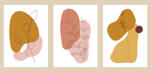 A set of three minimalist pastel posters. Backgrounds for social networks, web design, interiors. Vintage cute illustrations with flowers, plants, leaves from thin black lines on a white background.