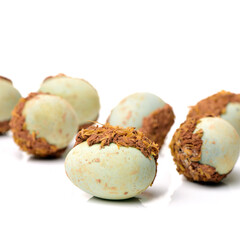 preserved duck eggs on white background