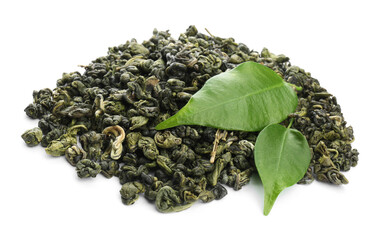 Pile of dried green tea leaves on white background