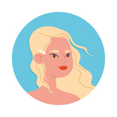 Cartoon blonde on a blue circle background. A female character with red lips and developing wavy hair with a barrette. Vector illustration of a young woman to the shoulders on a white background.