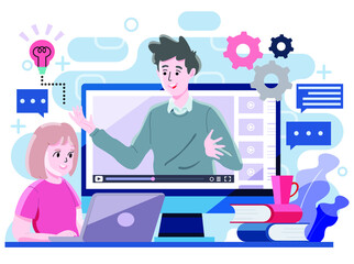 young girl studying online education