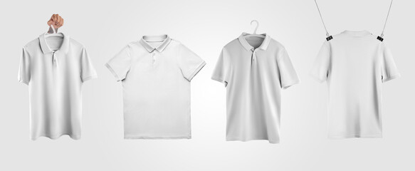 White polo mockup on hanger in hand, rope, beautifully folded with folds, front, back view, isolated on background.