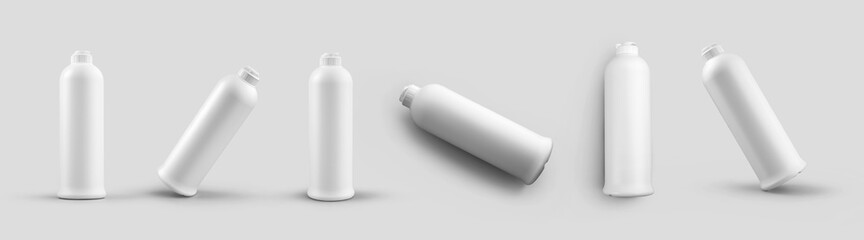 Set of templates of plastic bottles with flip top, jar for soap, chemistry, bleach, isolated on background.