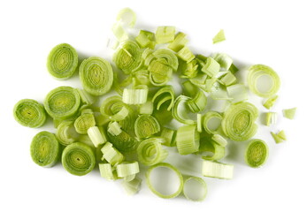 Chopped leek slices pile isolated on white background, top view