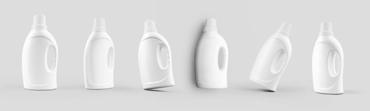 A set of mockups of plastic bottles for liquid powder, detergent for design presentation, advertising.