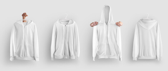 Mockup white hoodie with zipper on a hanger in hand, front, back view, isolated on background.