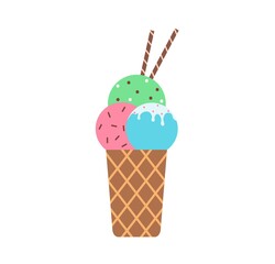 Ice cream in a waffle cone. Ice cream balls with different flavors. Ice cream balls with sprinkles. Colored balls of ice cream. Flat vector illustration on white isolated background.