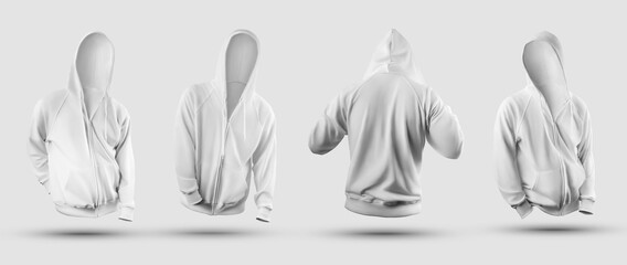 Stylish mens hoodie template 3D rendering, with zipper, pocket, ties, for design presentation, front, back. © olegphotor