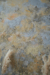 The wall is gray and sandy. With decorative plaster and parmas. Texture with a place for text,...