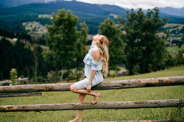 Young attractive elegant blonde girl in blue romantic dress sitting on the wooden fence in the countryside