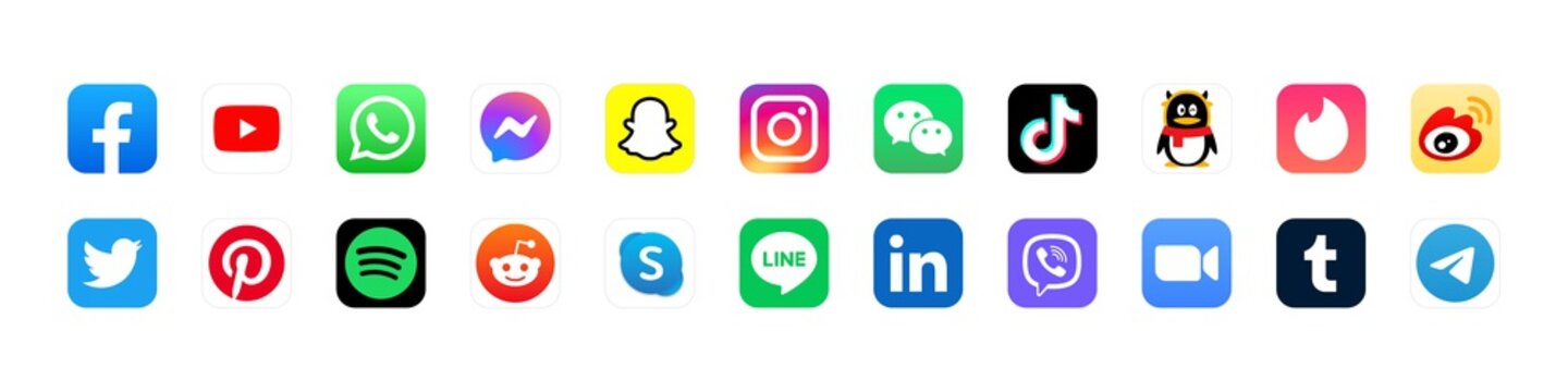 Wechat, Weibo, QQ Messenger, Facebook, Instagram, Youtube, Twitter, Linkedin, Whatsapp, Tiktok, Tinder. Social Media App Logo. Editorial Mobile Vector