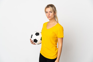 Young Russian woman isolated on white background with soccer ball