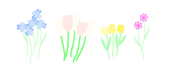 Spring wildflowers set: tulips, buttercups, yellow crocuses. Hand drawn color illustration