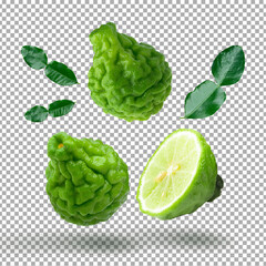 Bergamot fruit with leaf isolated on alpha background. - obrazy, fototapety, plakaty