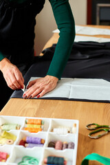 Obraz na płótnie Canvas Step by step, Woman dressmaker female making sewing patterns