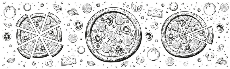 Italian pizza sketch isolated on white background for banner. Pepperoni pizza close-up from above. Framed ingredients. Vector illustration