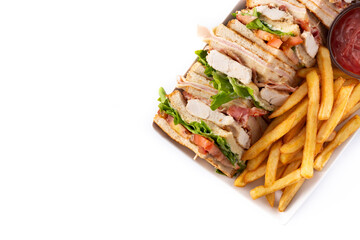 Club sandwich and French fries with ketchup sauce isolated on white background