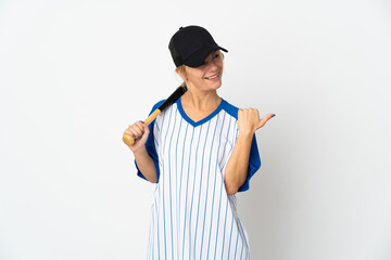 Young Russian woman playing baseball isolated on white background pointing to the side to present a product