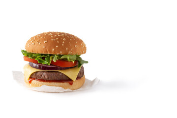 Cheeseburger with beef,tomato, lettuce and onion.Copy space