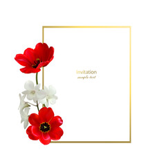 Orchids. Vector illustration. Golden square frame decorated with flowers. Red tulips.