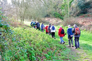 Group of retired hikers on a path in Brittany. France