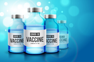 Coronavirus vaccine vector background. Covid-19 corona virus vaccination with realistic 3d vaccine bottle for covid19 immunization treatment. Vector illustration.