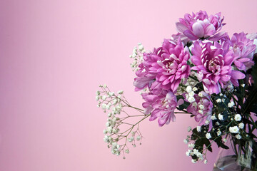 Fototapeta na wymiar colorful bouquet of pink chrysanthemums and gypsophila