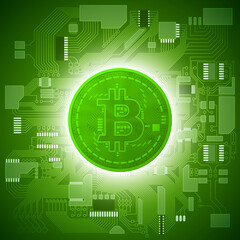 HUD Golden bitcoin. digital currency money. technology microchip mining worldwide network concept. Web banner golden bitcoin on motherboard background with microchip. Physical bit coin. Cryptocurrency