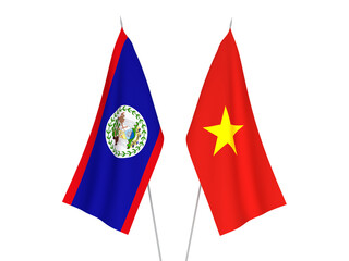National fabric flags of Vietnam and Belize isolated on white background. 3d rendering illustration.