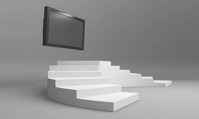 Backdrop With White Stairs And HD TV, Empty Platform Scence Studio Or Pedestal For Display, 3D render 