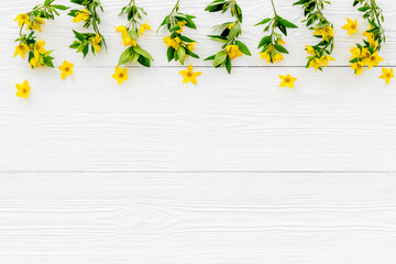 Floral pattern of yellow flowers with leaves, top view