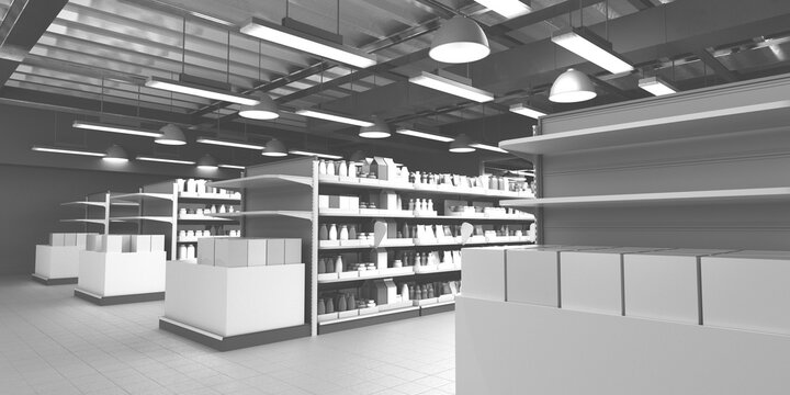 Blank White Banners in Supermarket, Set of Shelves in Store Interior, Products in Box Container,  3D rendering