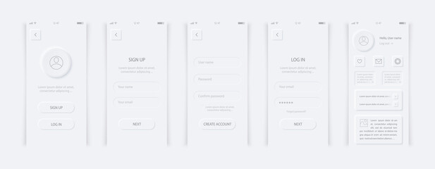 Interface design vector. Sign up and log in user page. Neumorphism style elements. Create account form. Login and password form. Minimal white buttons or icons. Neumorphic UI UX design.