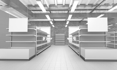 Empty Shelves And Blank White Banners Hangging in Supermarket, 3D rendering