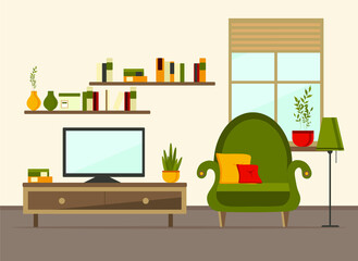 living room interior with furniture, sofa, TV, table, shelves with books and home flowers, floor lamp. flat cartoon vector illustration