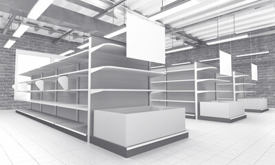 Empty Shelves And Blank White Banners Hangging in Supermarket, 3D rendering