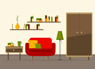 living room interior with furniture, sofa, TV, table, shelves with books and home flowers, floor lamp. flat cartoon vector illustration