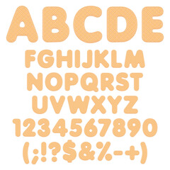 Alphabet, letters, numbers and signs made from cookie. Set of colored isolated vector objects on a white background.