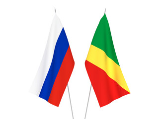 National fabric flags of Russia and Republic of the Congo isolated on white background. 3d rendering illustration.