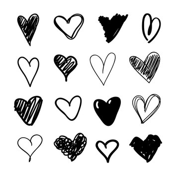 Doodle set of black and white pencil drawing objects. Hand drawn abstract illustration grunge elements. Vector abstract hearts for design use.
